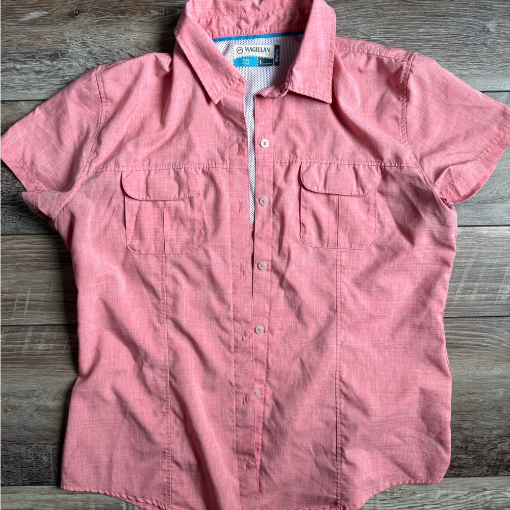Magellan Outdoors women’s Short-Sleeve Button-Down Shirt in Coral